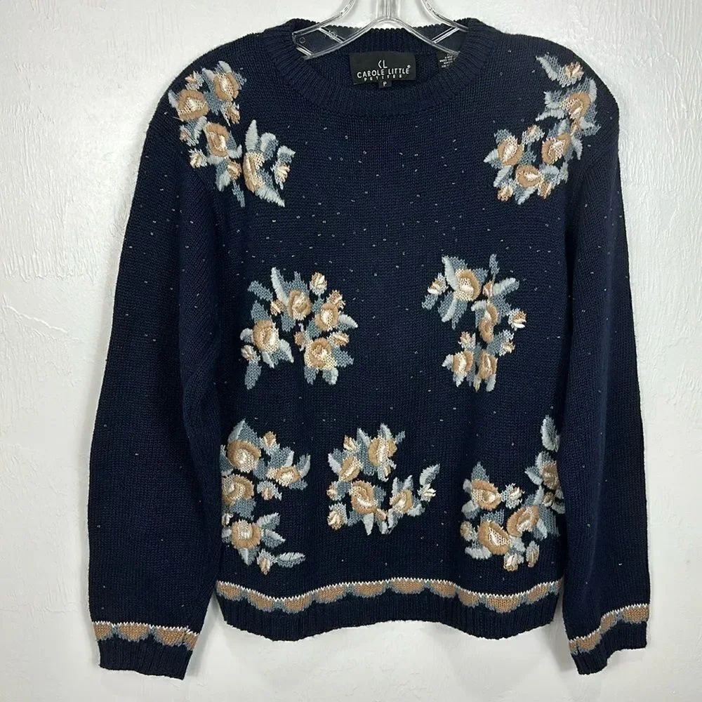 Carole Little Petites Vintage Floral Embroidery Beaded Pullover Sweater Size P